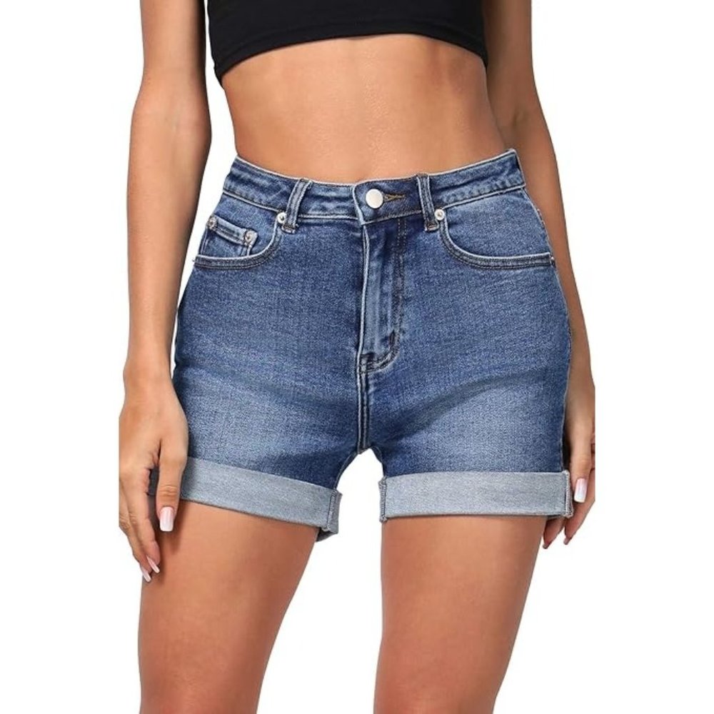 Women's Juniors Stretchy Denim High Waisted Folded Hem Curvy Fit Jeans Shorts (U